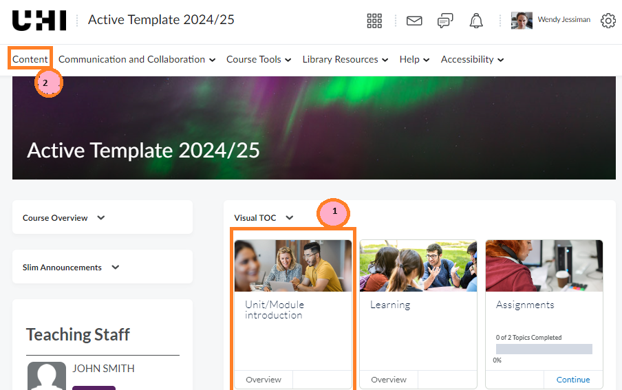 Figure 33 Module unit and course homepage with Visual TOC and Content link to Navbar